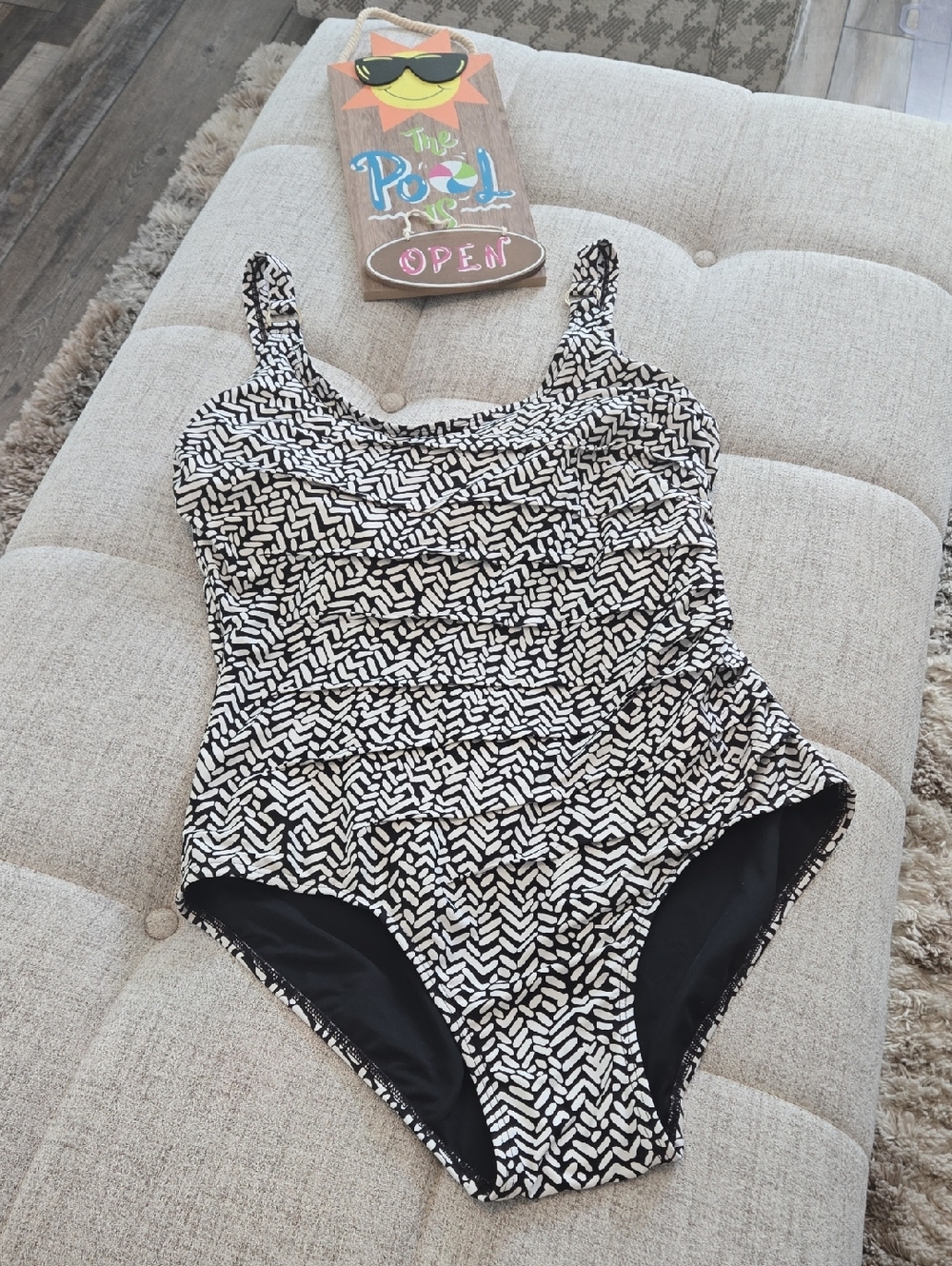 Calvin Klein Black and White Patterned Swimwear with Gold Logo Plate